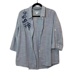 Westport 1962 Button Down Tunic 3/4 Sleeve Flowers Embroidery Trim Size L